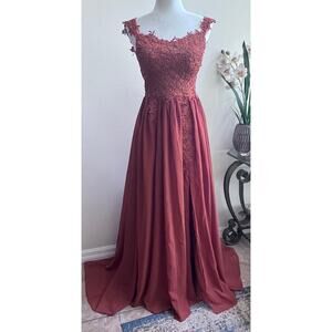 NWT Women's Copper Lace Off-Shoulder High Slit Prom Bridesmaid Dress Size S